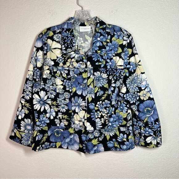 Liz Claiborne Blue Floral Cotton Button Down Jacket Women's Large‎ Petite - Picture 1 of 8